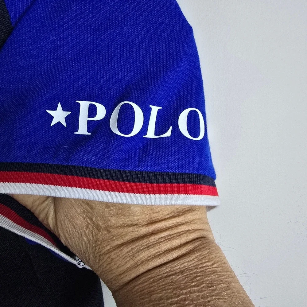 Polo Ralph Lauren Mens XL Colorblock Hooded Polo Shirt Navy Blue‎ Short Sleeve